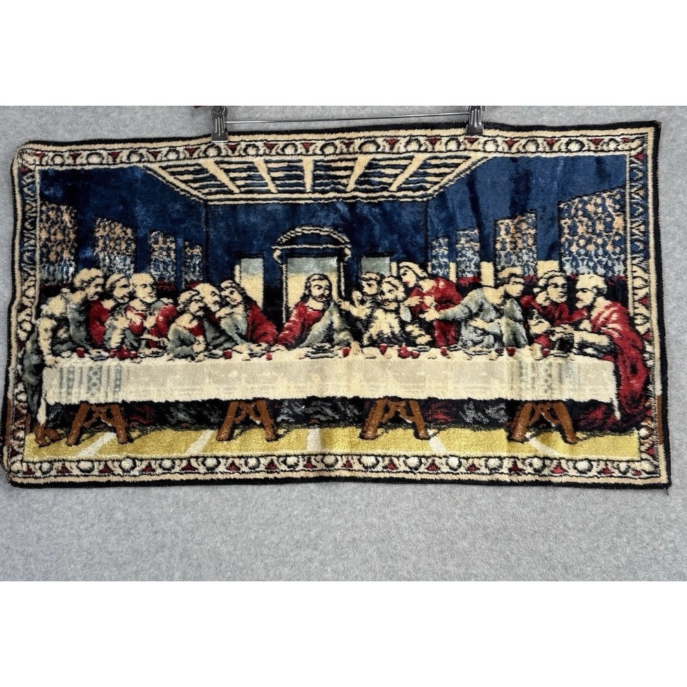 VTG Last Supper Velvet Tapestry Wall Hanging 19x35 Italy Religious Art